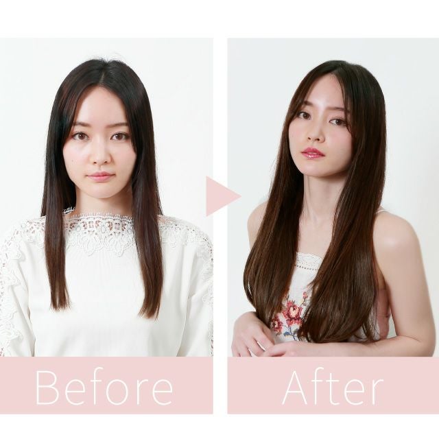 めちゃ楽エクステ【ヴァージンストレート】 品番TX-25耐熱 毛先ワンカールのニュアンスストレートウィッグ　モデル着用ビフォーアフター