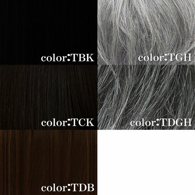 男性用五分ウィッグ【ストレートショート】 品番 GB-21耐熱 カラーチャート TBK：耐熱ブラック TCK：耐熱ショコラブラック TDB：耐熱ダークブラウン TGH：耐熱グレイヘア　TDGH：耐熱ダークグレイヘア