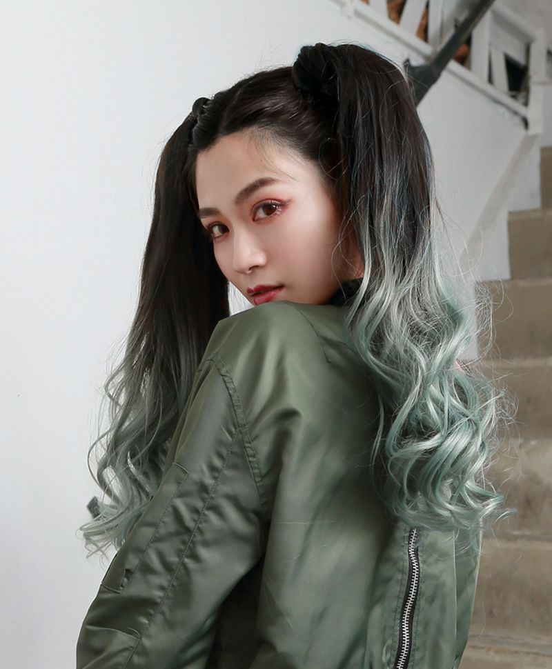 グラデーションテールウィッグ【グラデカールポニー】CTL-10-BK耐熱ブラック　CTSM  オリーブグレー耐熱ブラック/スモーキーミント