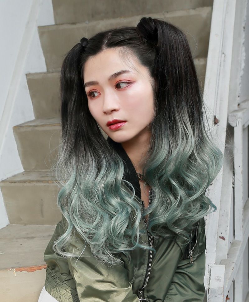 グラデーションテールウィッグ【グラデカールポニー】CTL-10-BK耐熱ブラック　CTSM  オリーブグレー耐熱ブラック/スモーキーミント