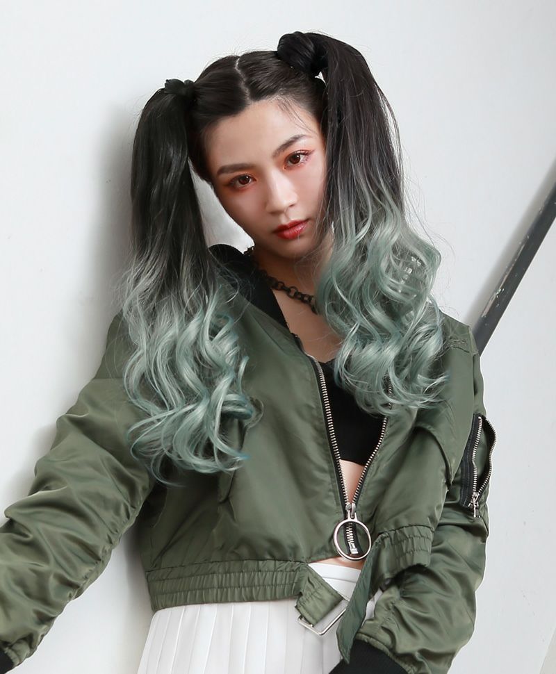 グラデーションテールウィッグ【グラデカールポニー】CTL-10-BK耐熱ブラック　CTSM  オリーブグレー耐熱ブラック/スモーキーミント