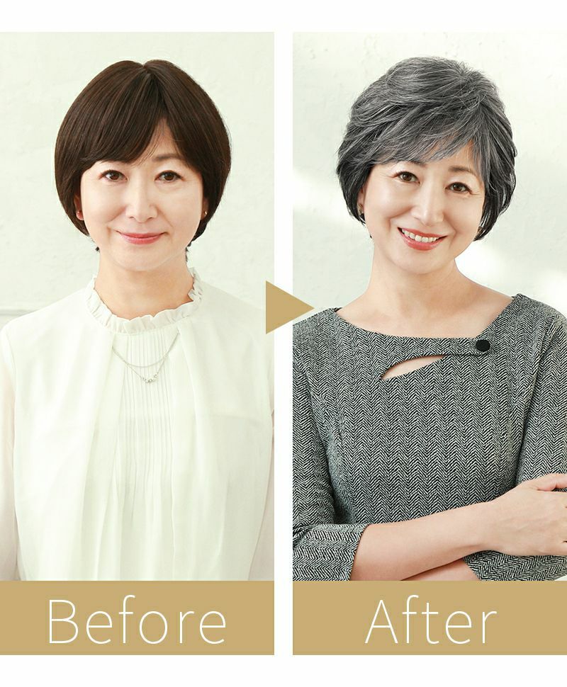  PRISILA BEAUTE総手植えオールウィッグ(人毛ミックス)【ブロッサムカールショート】 品番BA-100耐熱 ビフォーアフター