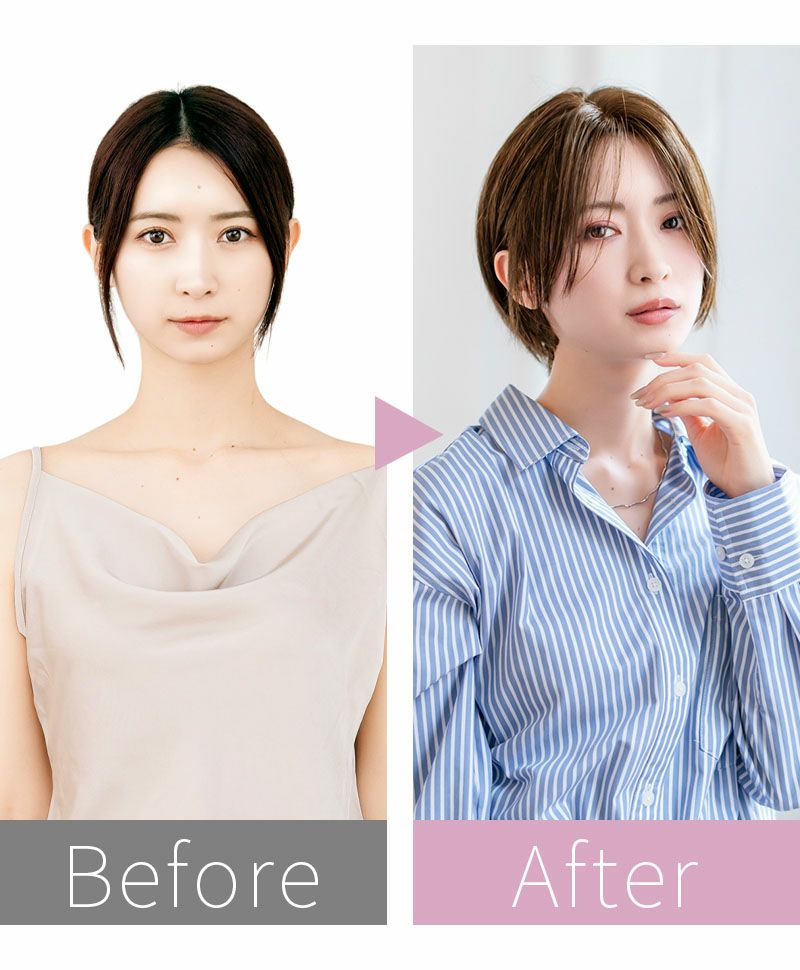 【公式サイト限定】PRISILA Limi手植えオールウィッグ(人毛ミックス)【ルナショート】LA-001(S・Mサイズあり) モデル着用before after