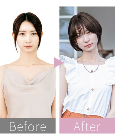 【公式サイト限定】PRISILA Limi手植えオールウィッグ(人毛ミックス)【アプリコットショート】LA-002(S・Mサイズあり) モデル着用before after