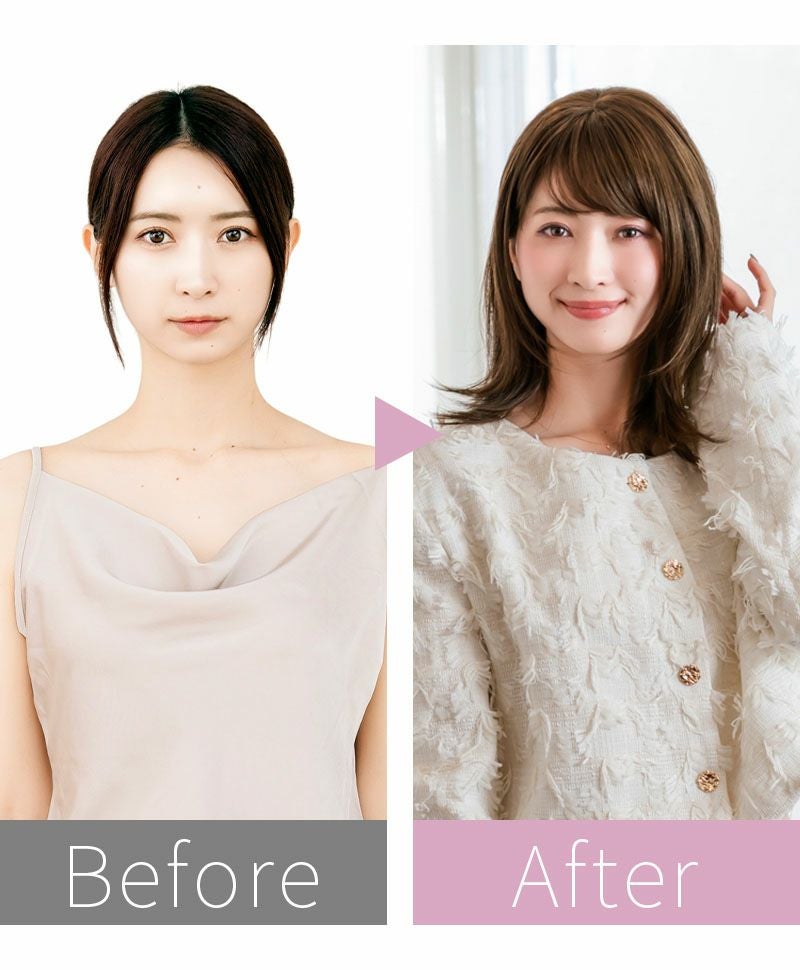 【公式サイト限定】PRISILA Limi手植えオールウィッグ(人毛ミックス)【フラネレイヤーミディ】LA-004(S・Mサイズあり) モデル着用before after