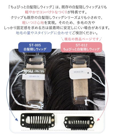 『ちょびっと白髪隠しウィッグ』は、既存の白髪隠しウィッグよりも軽やかでコンパクトなつくりが特長です。クリップも既存の白髪隠しウィッグシリーズよりも小さめで、軽い着け心地。そのため、多毛な方やしっかり固定感を求める方は装着時に安定しにくい場合があります。地毛の量やスタイリングに合わせてご検討ください。