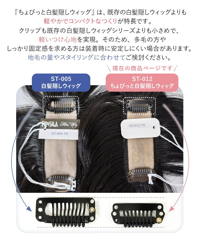 『ちょびっと白髪隠しウィッグ』は、既存の白髪隠しウィッグよりも軽やかでコンパクトなつくりが特長です。クリップも既存の白髪隠しウィッグシリーズよりも小さめで、軽い着け心地。そのため、多毛な方やしっかり固定感を求める方は装着時に安定しにくい場合があります。地毛の量やスタイリングに合わせてご検討ください。