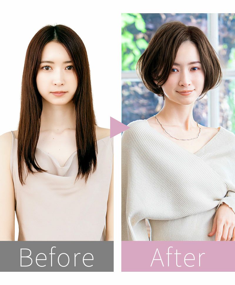 PRISILA Limi手植えオールウィッグ(人毛ミックス)【マノンワンレンボブ】LA-007 モデル画像 モデルBEFOREAFTER