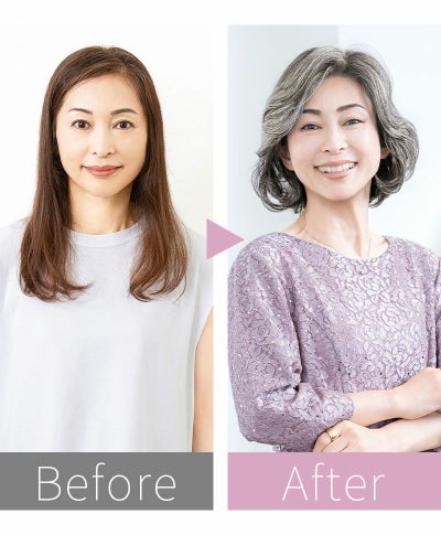 PRISILA Limi手植えオールウィッグ(人毛ミックス)【ミレーヌウェーブボブ】LA-008 ミセスモデルBEFOREAFTER