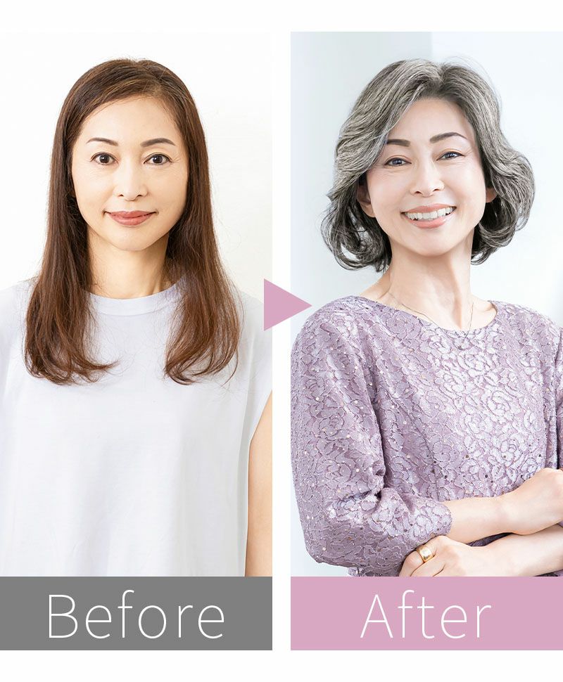 PRISILA Limi手植えオールウィッグ(人毛ミックス)【ミレーヌウェーブボブ】LA-008 ミセスモデルBEFOREAFTER