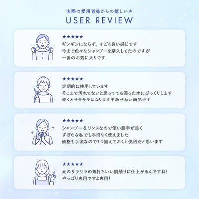 ウィッグ専用シャンプー＆リンスミニボトル30ml 実際の愛用者様からの嬉しい声、一番のお気に入り、乾くとサラサラになる、ずぼらな私でも手間なく使える、元のサラサラに肌触りに仕上がる