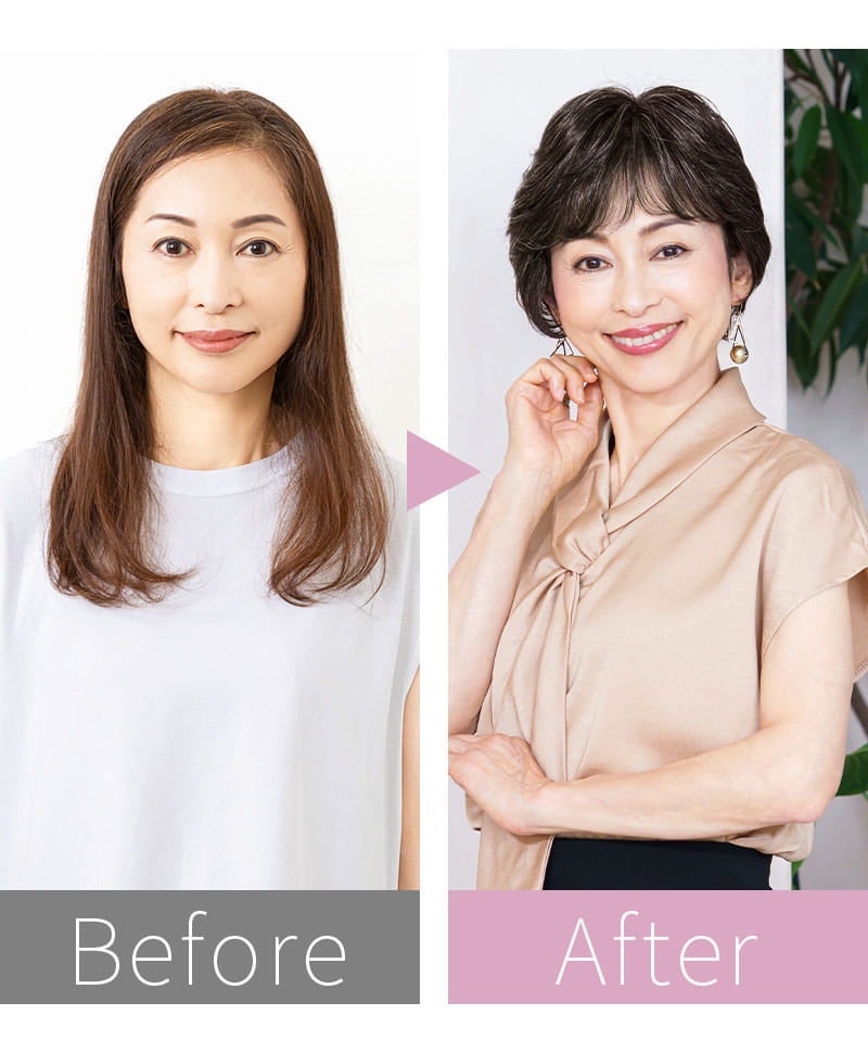 【公式サイト限定】PRISILA Limiシニア手植えオールウィッグ(人毛ミックス)【ソフィーショート】LA-010(Mサイズ)　モデル着用BOFORE AFTER