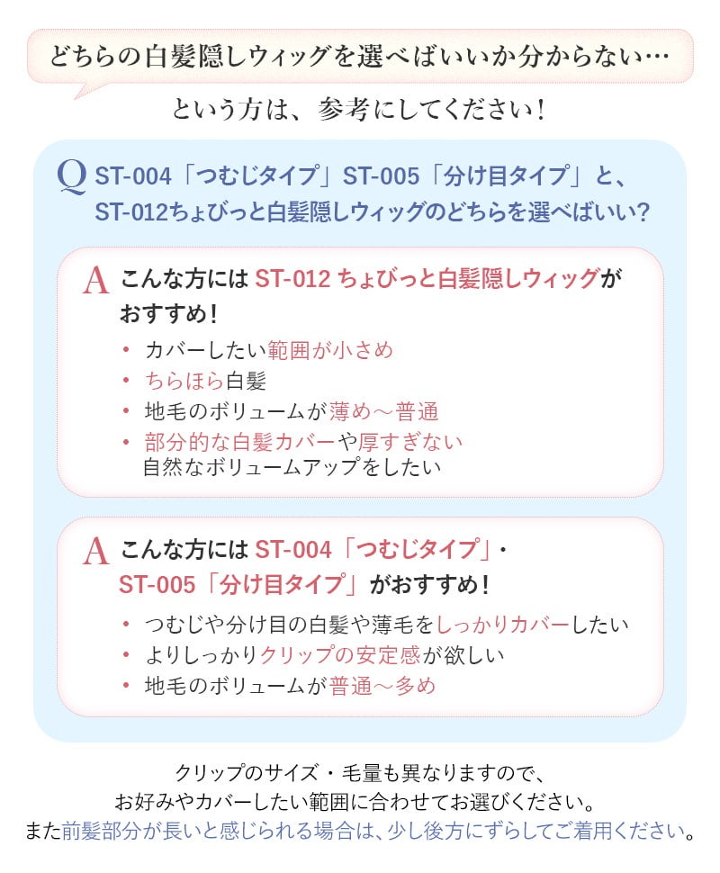 ちょびっと白髪隠しウィッグ【スタンダードタイプとロングタイプ】ST-012　白髪隠しウィッグ選択基準