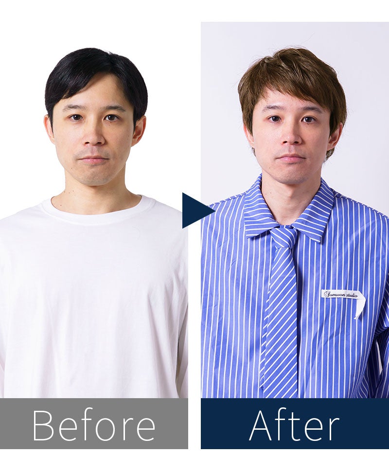 プリシラマン(人毛ミックス)【クラシックショート】MA-001　モデル着用　BEFOREAFTER