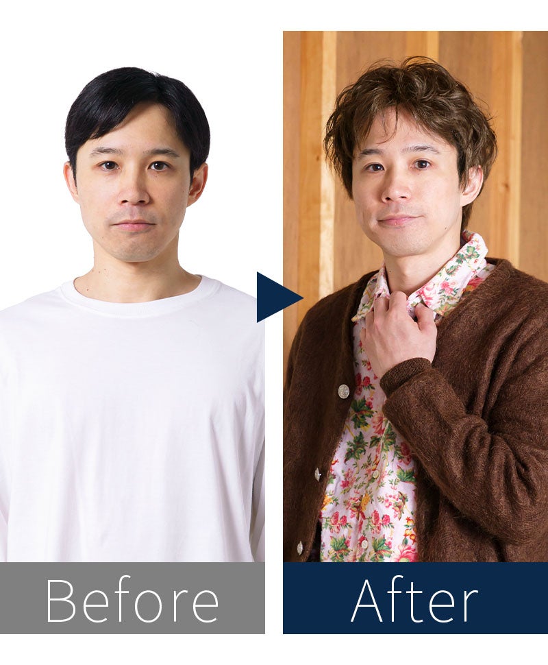 プリシラマン(人毛ミックス)【ニュアンスカールショート】MA-003　モデル着用　BEFOREAFTER