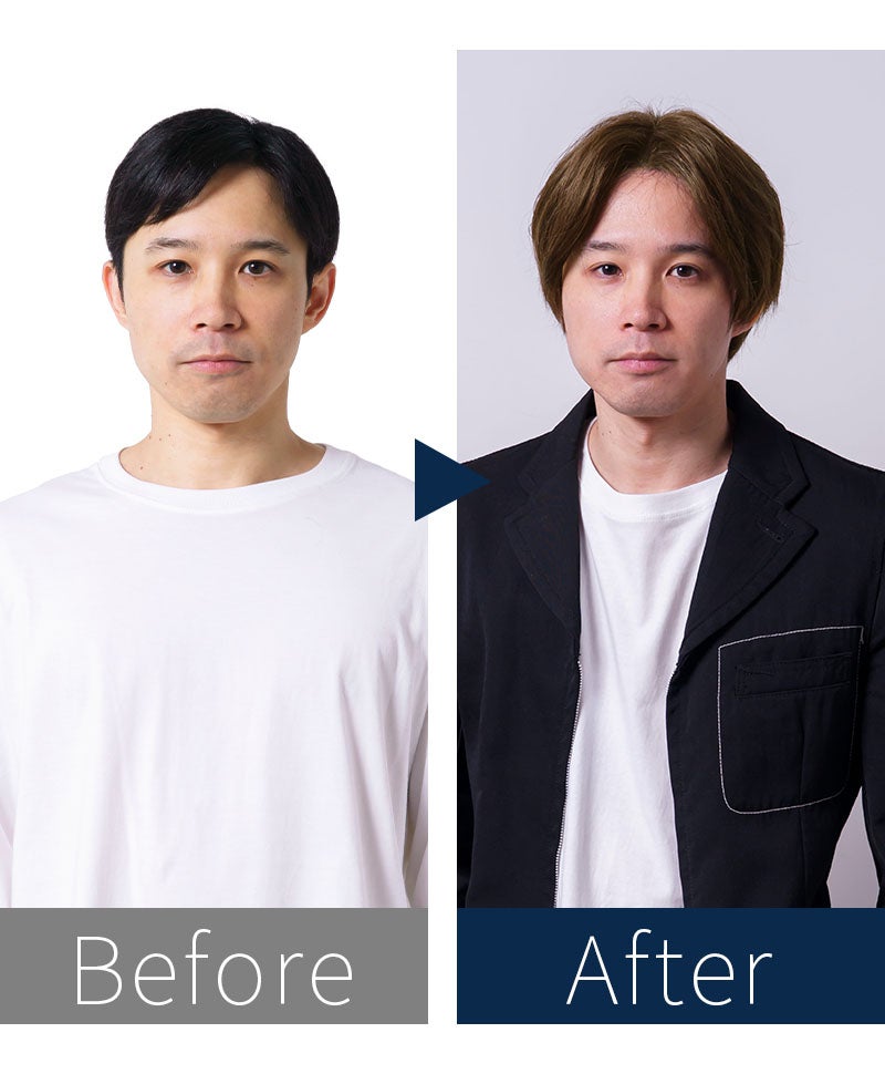 プリシラマン(人毛ミックス)【ナチュラルセンターショート】MA-004　モデル着用　BEFOREAFTER
