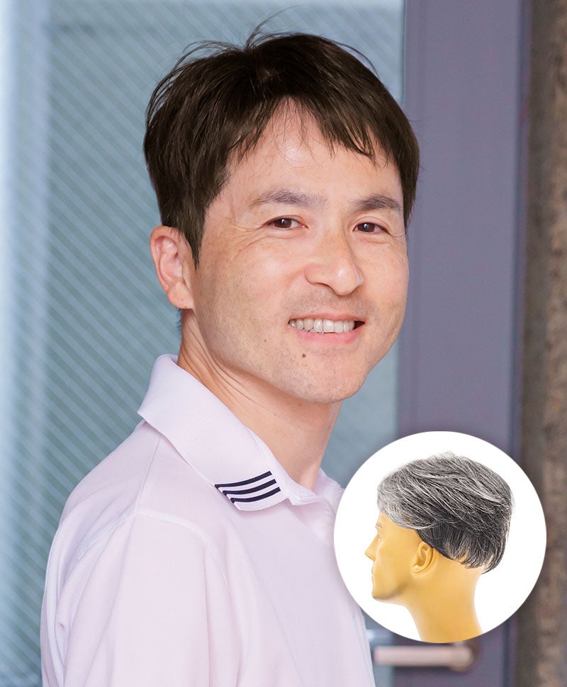 人毛ミックス男性用五分ウィッグ【リッチショート】GB-100 モデル着用　カラーZCK:人毛ミックスショコラブラック
